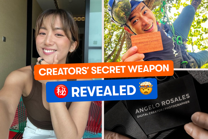 A lady and a guy showing their digital business card