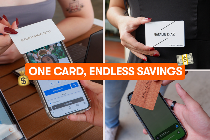 A lady tapping her digital business card on a smartphone