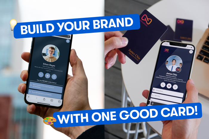 A hand holding a smart phone and a digital name card