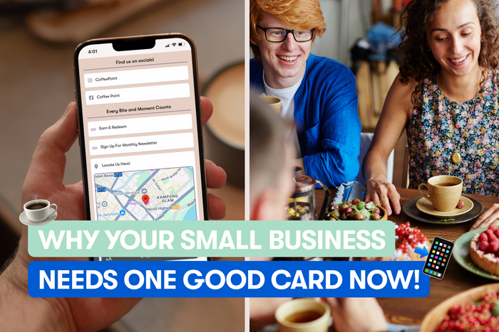 A group of friends having a meal at a cafe and a phone showing a digital business card profile