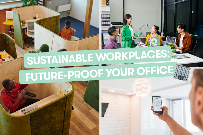 A group of employees discussing sustainability initiatives in their green office