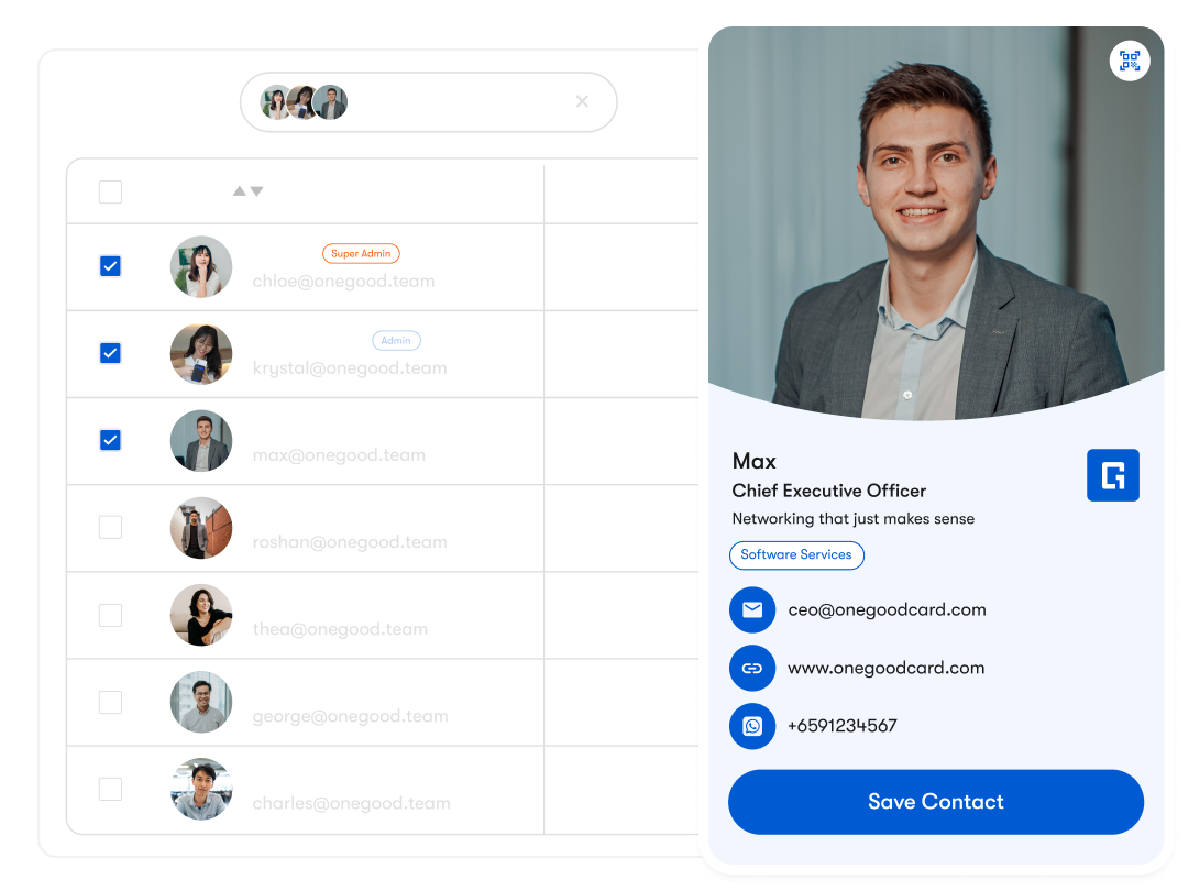 Team profiles dashboard showing members, designations, groups and serial numbers