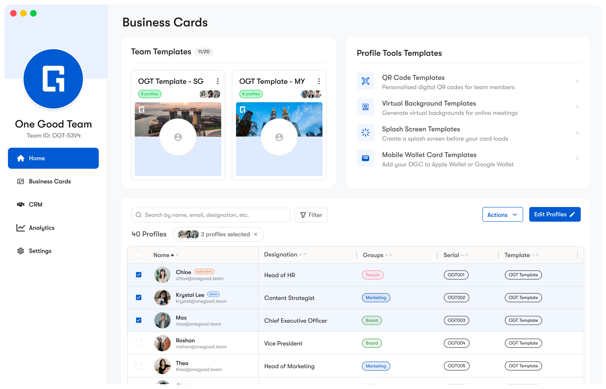 One Good Team dashboard, Business Cards view with team templates, profile tools and member profiles