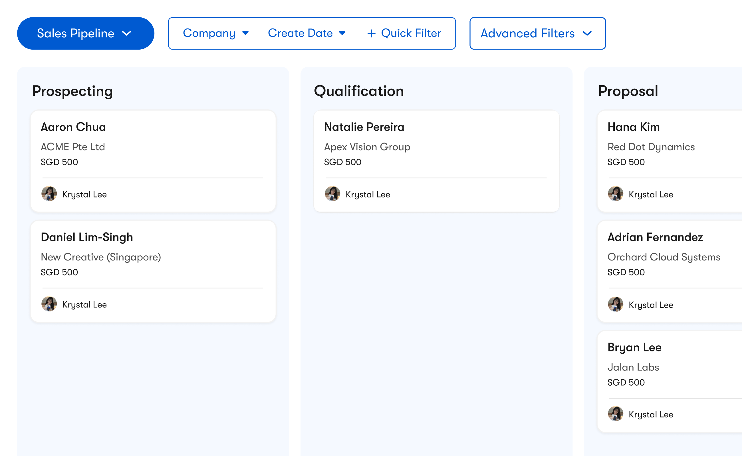 One Good Card deal pipeline — drag captured contacts through stages with deal value and forecasts