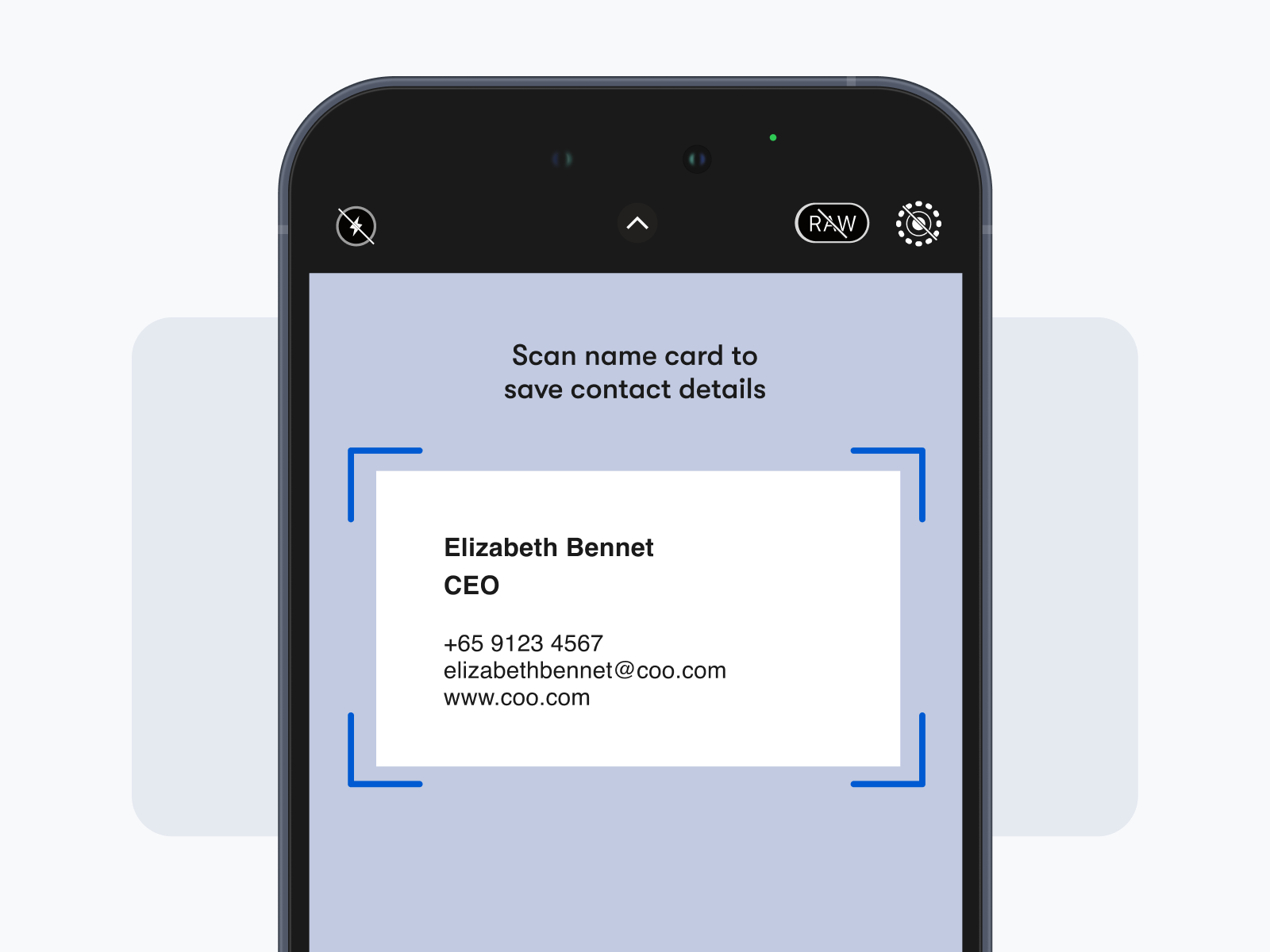 OCR scanner showing a phone scanning a business card