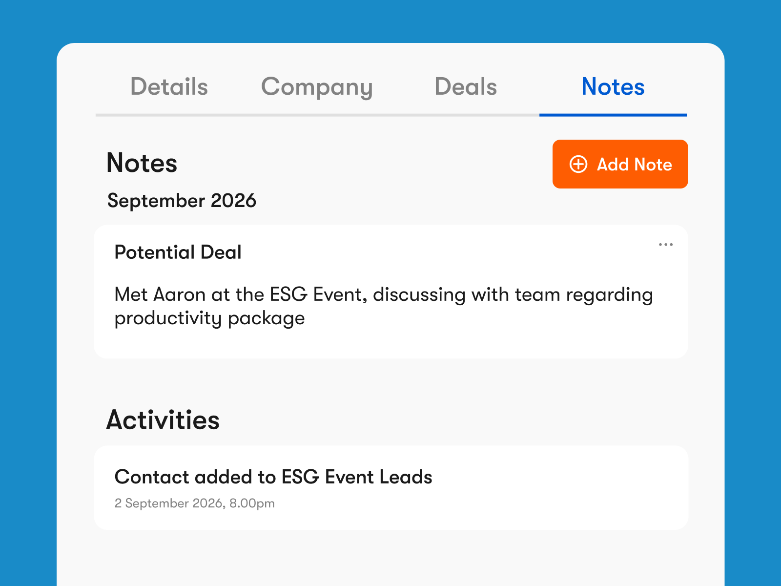 Contact record showing meeting notes and a synced activity log