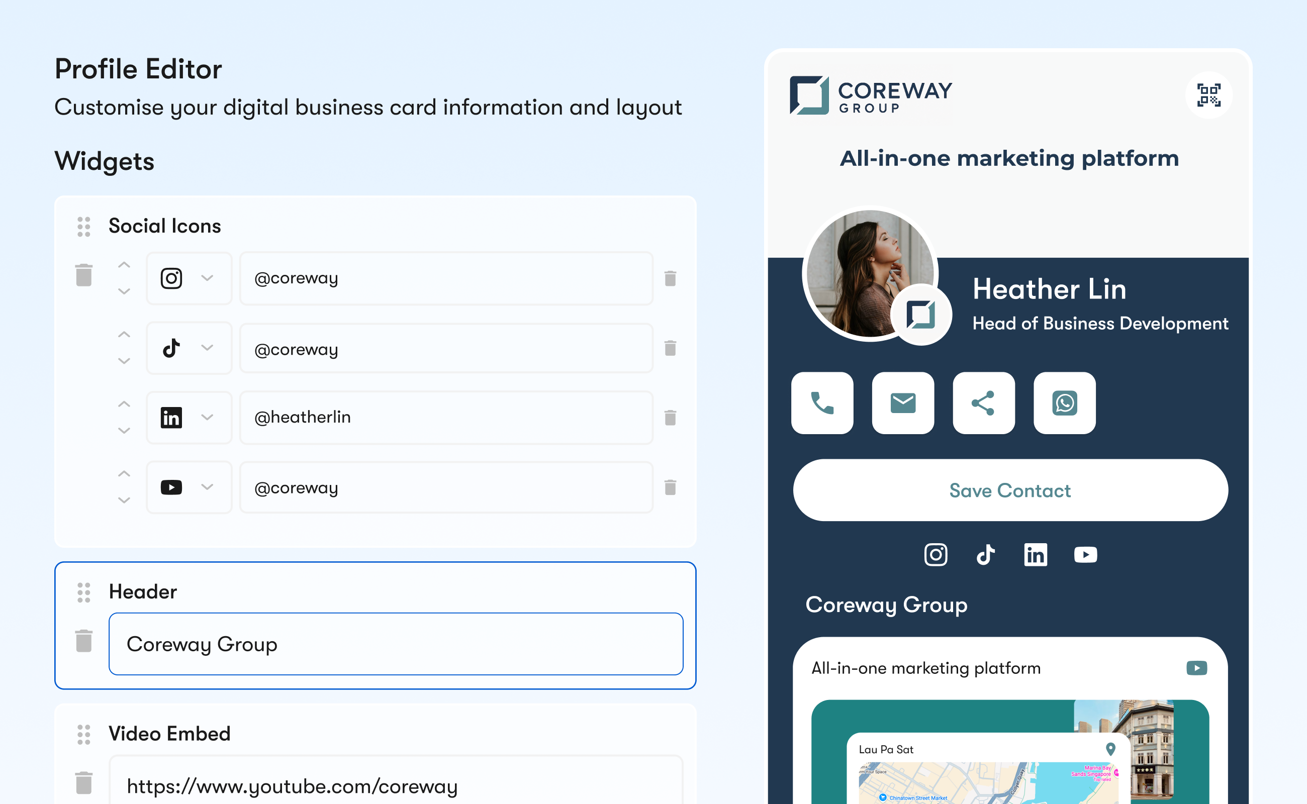 One Good Card digital business card — drag-and-drop widgets with live preview
