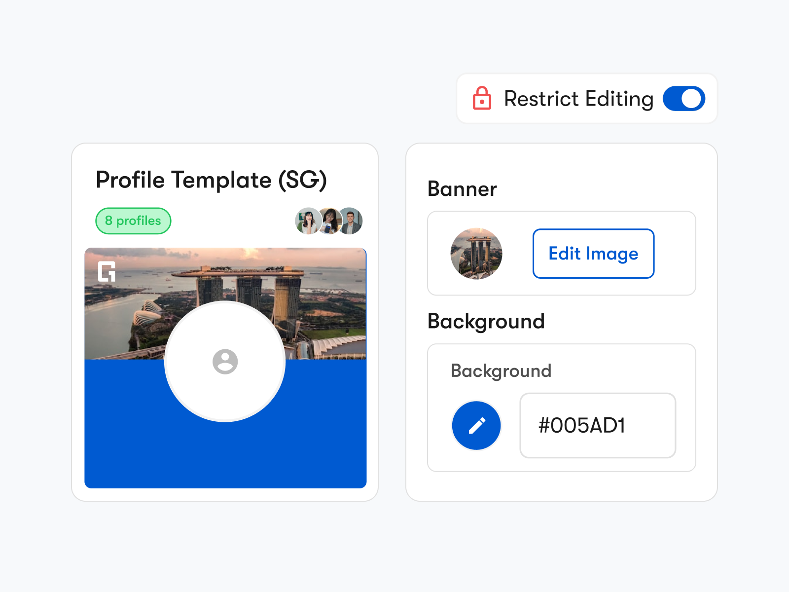Brand settings with locked colours, approved templates and member permissions