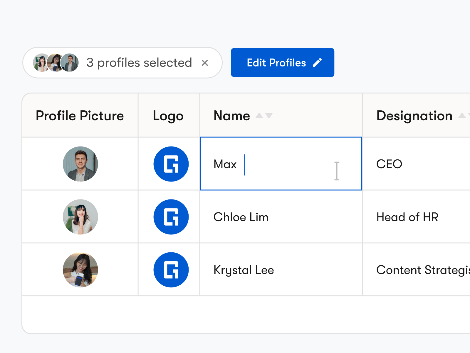 Bulk edit table with four profiles selected; the Name field is being edited