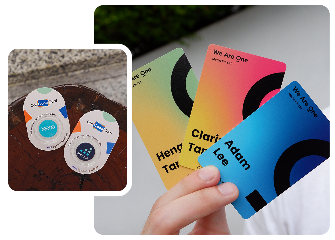 A branded One Good Card being tapped to a phone as a corporate gift