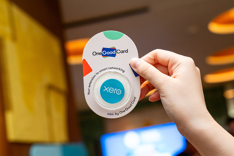 Co-branded One Good Card Mini NFC sticker customised with the Xero logo