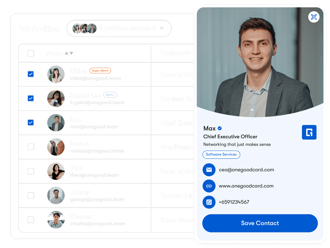 One Good Card team dashboard for managing employee digital business card profiles