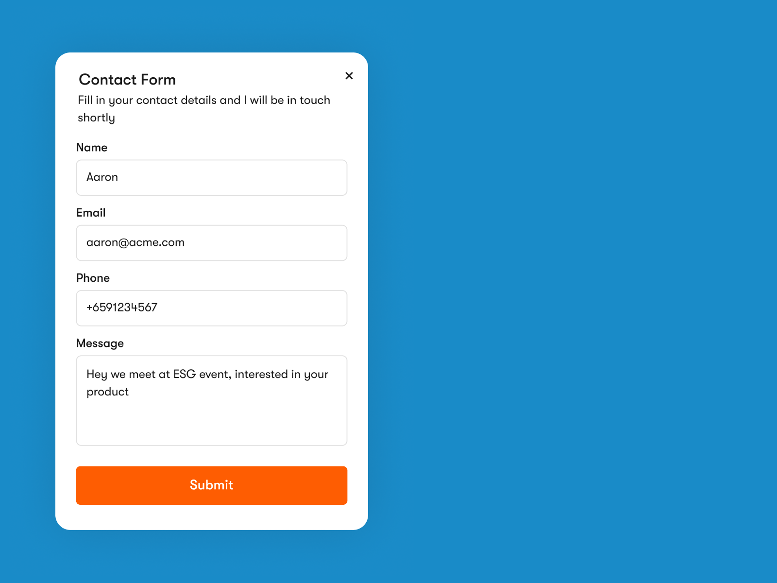 Digital business card contact form capturing lead details into One Good Card Contact Manager