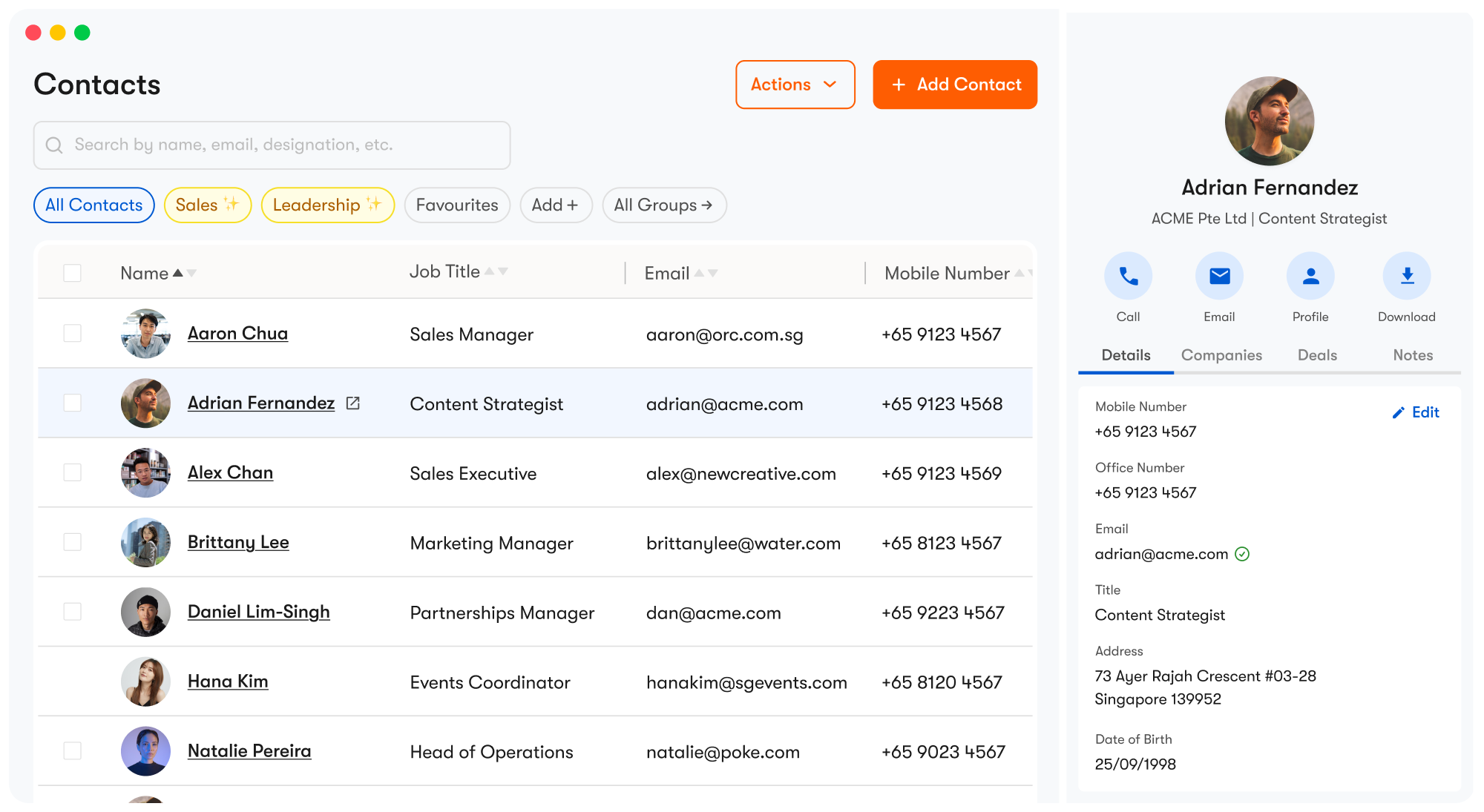 One Good Card business contact manager dashboard with captured contacts, tags and search tools