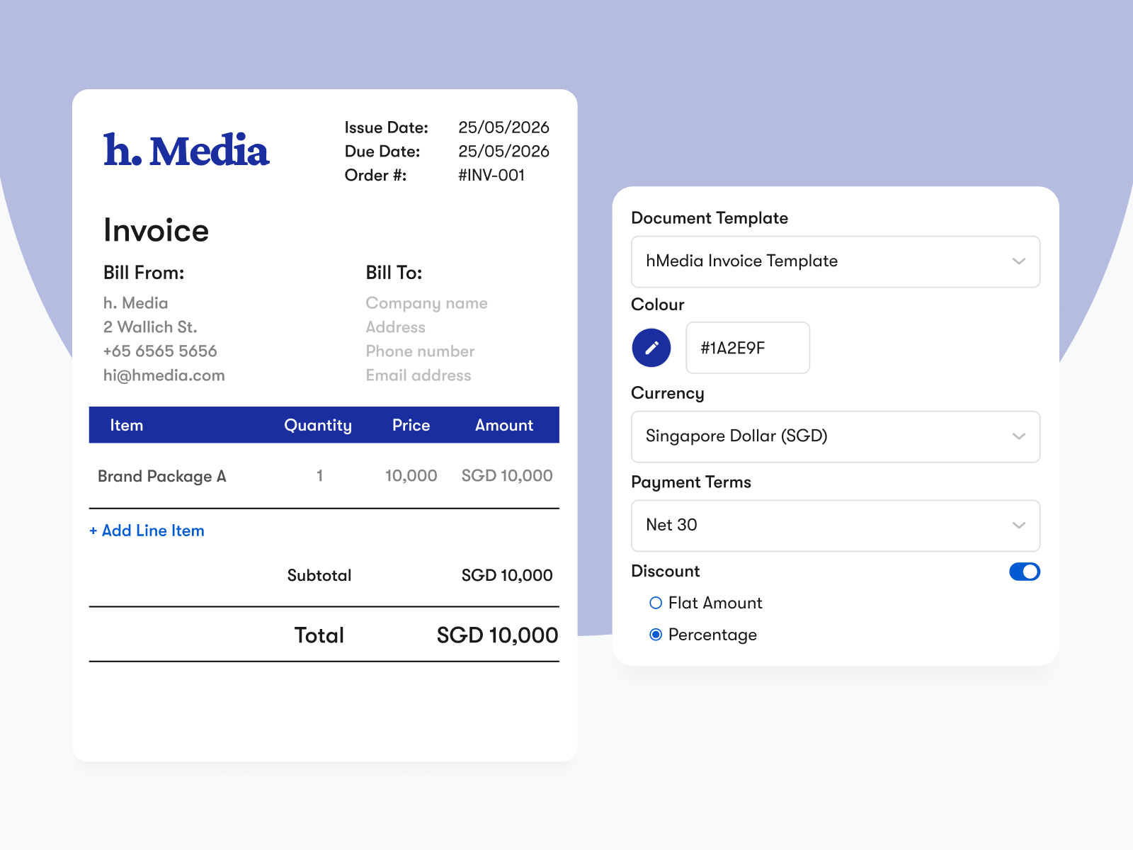 Invoice with a saved document template, brand colour, currency and payment terms