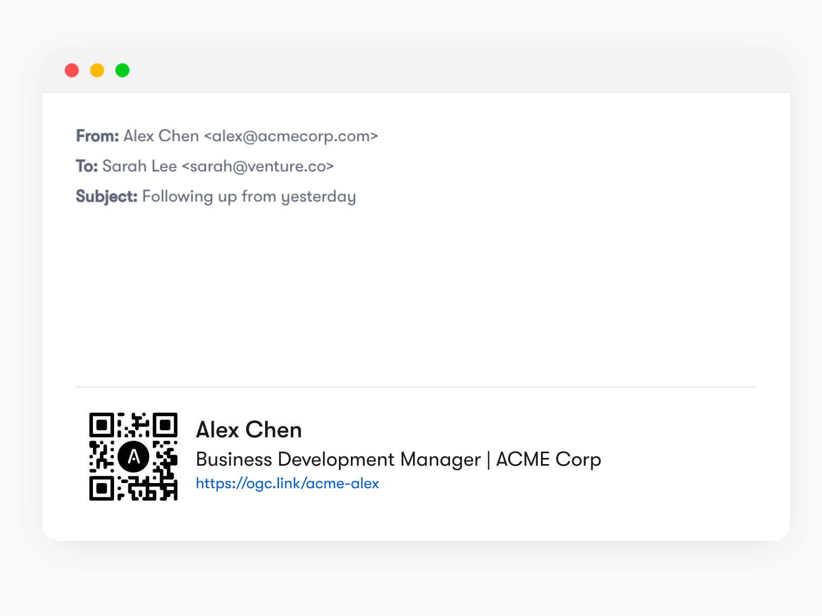 Email signature with profile photo, contact details and QR code
