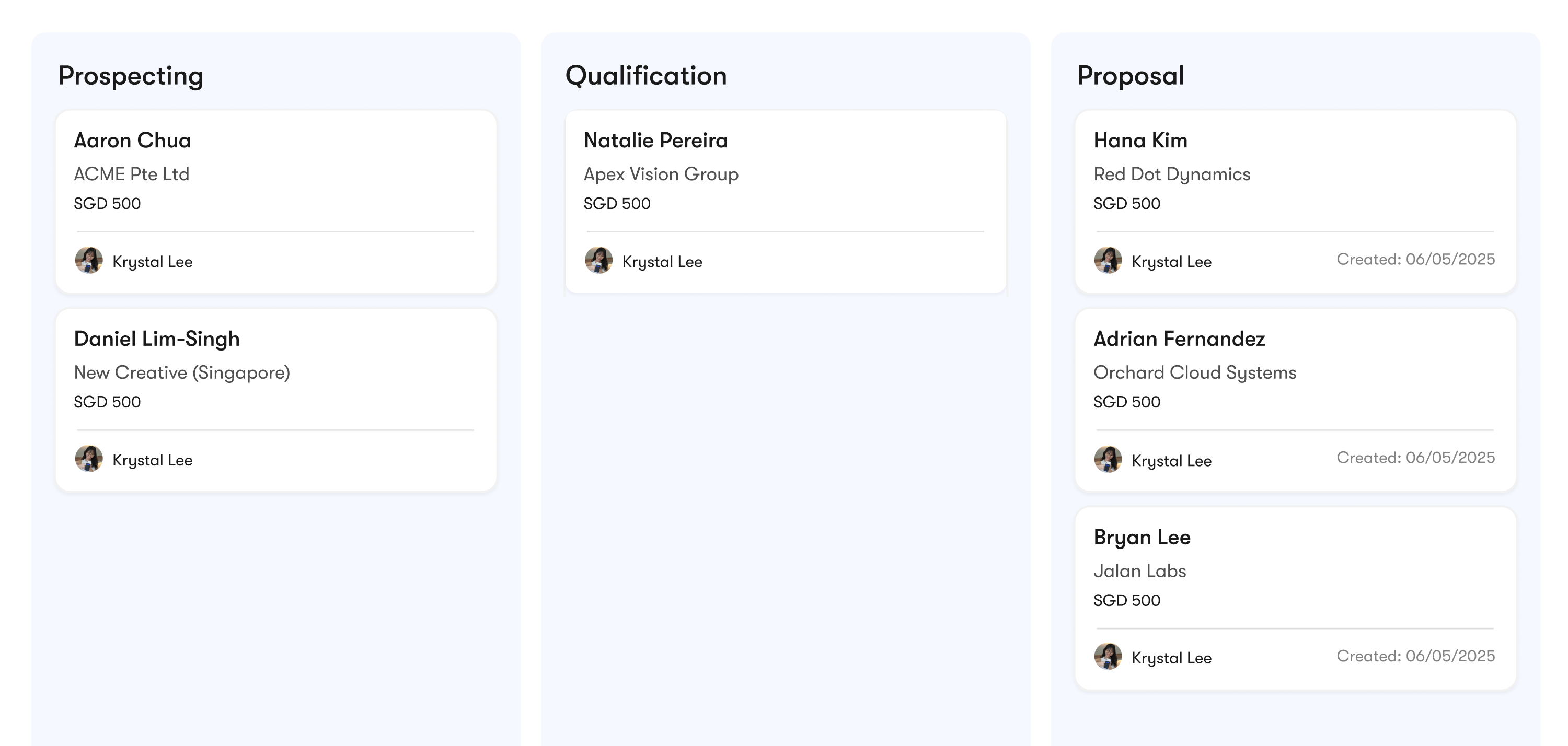 CRM deal pipeline displayed as a Kanban board with opportunities organised by stage
