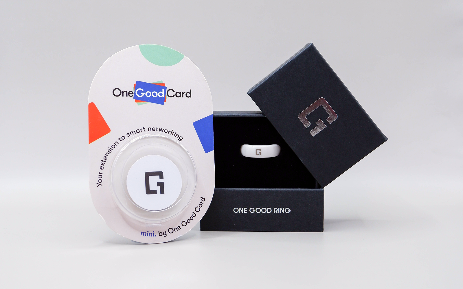 One Good Card Mini NFC sticker and One Good Ring presented in a gift box as ready-made corporate gifts