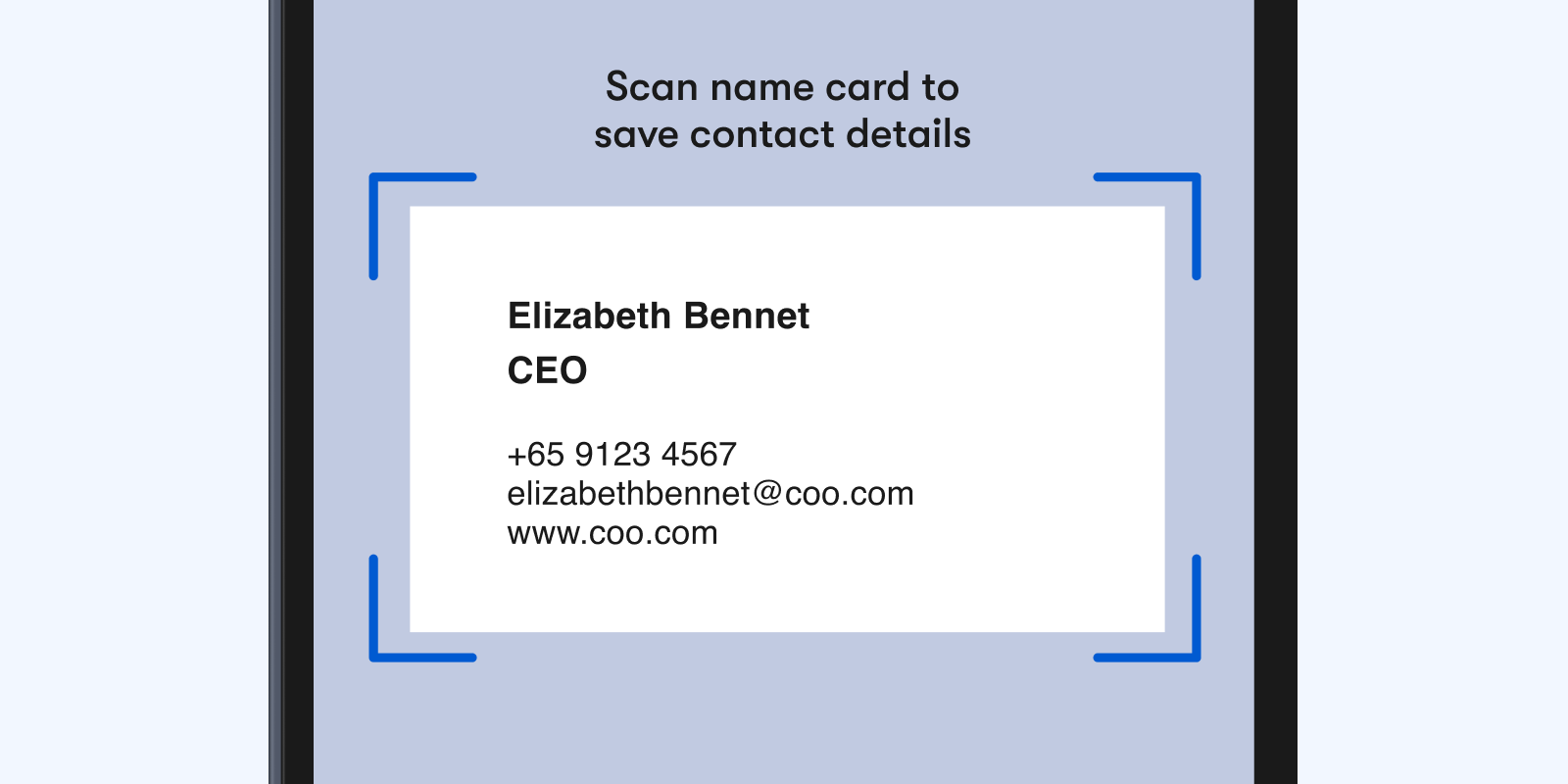 OCR business card scanner capturing contact details from a paper name card